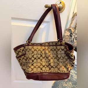 Coach Tan and Burgundy Signature Shoulder Bag